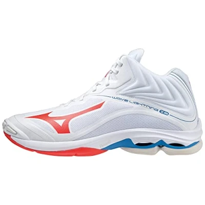 Image of Mizuno Unisex Wave Lightning Z6 Mid Volleyball Shoe, White/Ignition Red/French Blue, 11 UK