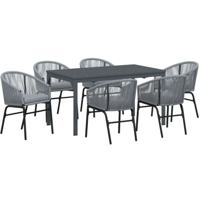 Image of vidaXL 7 Piece Garden Dining Set with Cushions Grey Poly Rattan