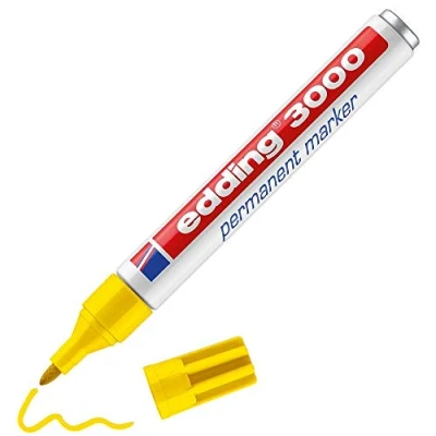 Image of edding 3000 permanent marker yellow box of 10 round tip 1.5 3 mm quick drying markers waterproof, smudge proof for cardboard, plastic, wood, metal, fabric pens