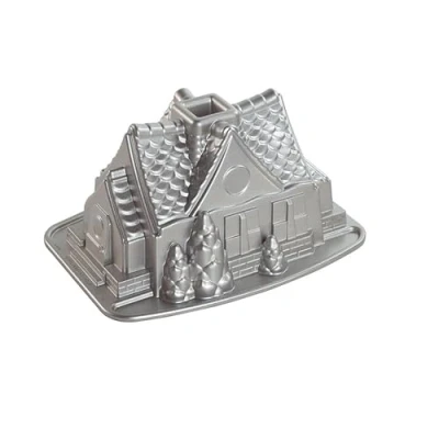 Image of Nordic Ware Gingerbread House Bundt Pan, Seasonal Christmas Aluminium Tin, Cake Tin with Pattern, Mould , Colour: Silver