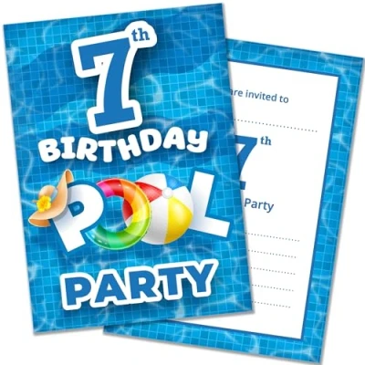 Image of Olivia Samuel Pack of 20 Pool Party 7th Birthday Invitations with Envelopes Ready to Write Designed and Printed in the UK