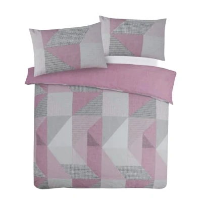 Image of Charlotte Andersen Matrix Geometric Pink Grey King Size Duvet Cover Set Reversible Easy Care Cotton Blended Bedding (Pink, King)