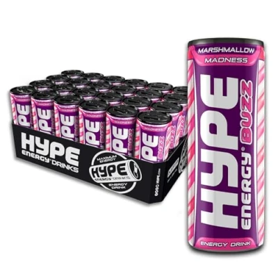 Image of Hype Energy BUZZ marshmallow Madness Drink 24x250ml Caffeine Content, Taurine &amp; 5 x B Vitamins Vegan, Gluten Free Power Up Fuel Your Day with berrylicious