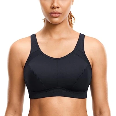 Image of SYROKAN Sports Bras Women for Large Breasts High Impact Full Coverage Neck No Padded Wireless Bra Black 36G