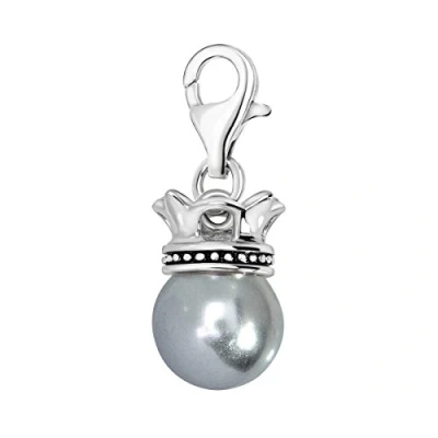 Image of Quiges Grey Imitation Pearl with Crown Clip On Charm Pendant Silver Plated Women&#039;s Jewellery