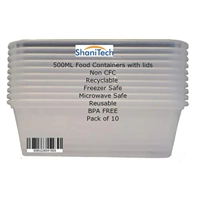 Image of ShaniTech Pack of 10 Food Containers with Lids Heavy Duty Microwave &amp; Freezer Safe Plastic Box Container (500ML)