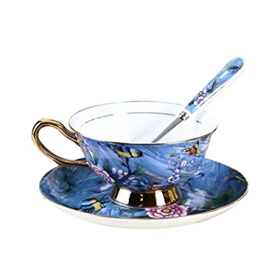 Image of Eplze YBK Tech Euro Style Cup&amp; Saucer Set, Bone China Teacup Coffee Cup for Breakfast Home Kitchen Birds and Trees Patterns (Hot Pink)