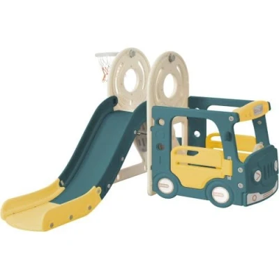 Image of ModernLuxe 4 in 1 Kids Slide Set with Bus, Slide, Activity Ladder, Basketball Hoop, and Matching Made of High Density Polyethylene