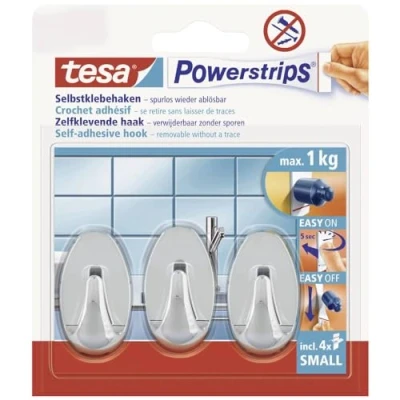 Image of tesa Powerstrips Hooks Small OVAL Removable Self Adhesive Wall Hook for Glass, Tiles, Wood, Plastic and Other Surfaces Waterproof Chrome Strong Hold up to 1 kg