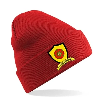 Image of Lancashire County Mens Embroidered Beanie Hat, Bob Hat Cricket Sport Your Embroidery (Red)