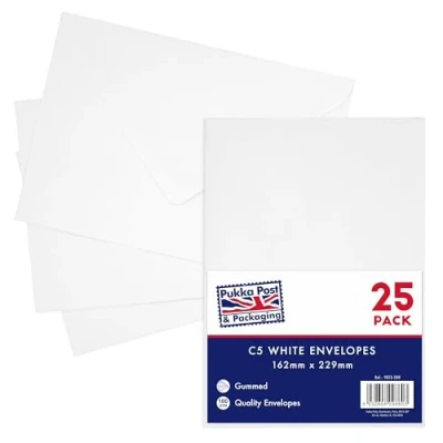 Image of Pukka Pad, Post &amp; Packaging Gummed Envelopes Pack of 25, Ready to Seal, Durable 100GSM Postal for Letters, Invitations, and Other Mail 229 x 162 mm, Size C5, Matte White