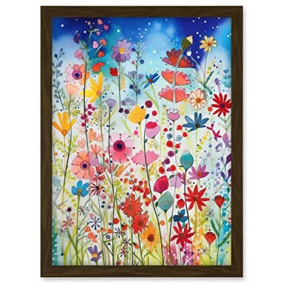 Image of Artery8 Summer Wildflower Meadow Folk Art Artwork Framed A3 Wall Print