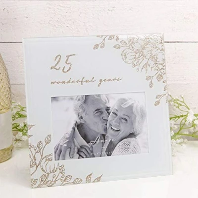 Image of Amore Anniversary Grey Glass 6&#039;x4&#039; Photo Frame with Glitter/Wording 25 Years Together