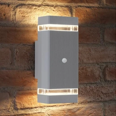 Image of Auraglow PIR Motion Sensor Double Up &amp; Down Outdoor Wall Security Light Silver Warm White