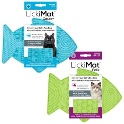 Image of LickiMat Casper &amp; Felix, Fish Shaped Cat Slow Feeders for Feline Boredom and Anxiety Reduction; Perfect Food, Treats Reduction. (Green Turquoise)