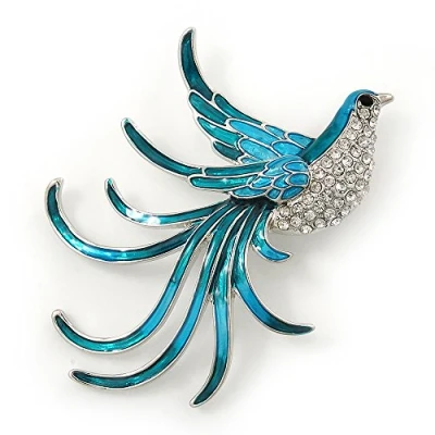 Image of Teal/Light Blue Enamel Crystal Exotic Bird Brooch In Rhodium Plating 65mm Across