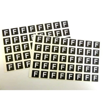 Image of Letter F, White Alphabet Letters on Black 20x20mm Square Labels Durable Plastic Stickers