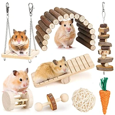 Image of BBjinronjy Hamster Chew Toys Set Small Animal Molar Teeth Care Wooden Accessories for Guinea Pigs,Chinchillas,Gerbils,Mice,Rats,Mouse Rodents Toy Swing Seesaw Bridge