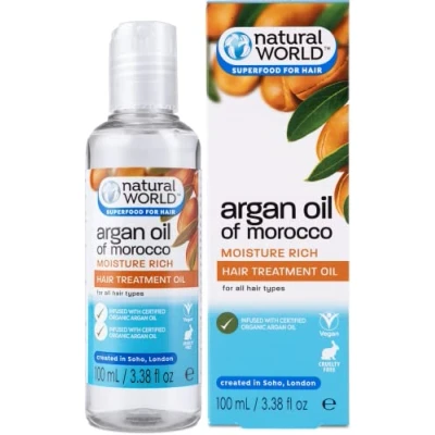 Image of Natural World Argan Oil of Morocco Moisture Rich Hair Treatment (100ml) for all Types. Infused with Certified Organic Oil. Cruelty Free &amp; Vegan Friendly. Superfood