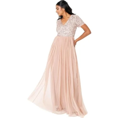 Image of Maya Deluxe Women&#039;s Ladies Dress for Wedding Guest Plus Size Empire High Waist Sequins Short Sleeve Evening Bridesmaid, Taupe Blush, 18