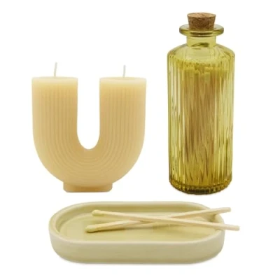 Image of U Design Candle with Enamel Tray and Matches in Glass Jar