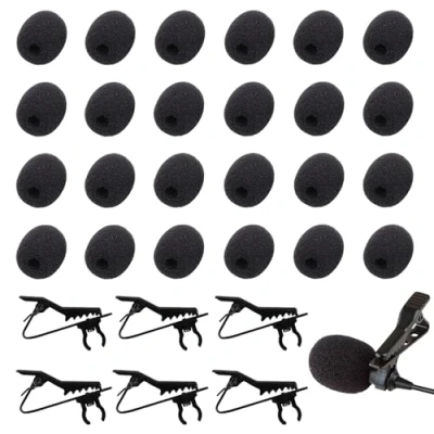 Image of TRKETK 30 Pcs Lapel Microphone Replacement Kit, 24 Foam Mic Cover Protector Mini Headset Windscreens 6 Tie Clips for Lavalier Microphones(Black)
