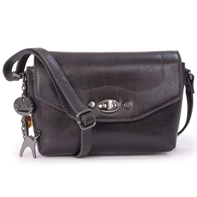 Image of Catwalk Collection Handbags Small Leather Cross Body Bag For Women Flapover Shoulder Adjustable Crossbody Strap FLORENCE Brown