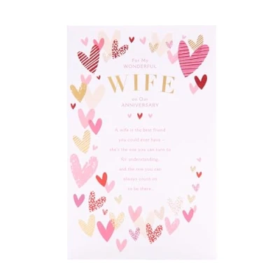 Image of UK Greetings Anniversary Card for Wife Pink &amp; Gold Hearts Design Thinking of You Range