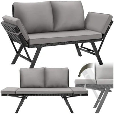 Image of TecTake® 2 in 1 Garden Sofa with Adjustable Armrests &amp; Thick Cushions, Ideal as Love Seat Lounger, UV Weather Resistant Day Bed Durable Polyrattan for Patio Light Grey/Black