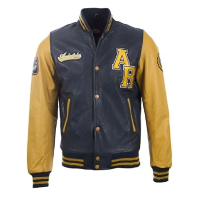 Image of Aviatrix Men&#039;s Real Cow Hide Leather Baseball Varsity Patch Bomber Jacket (VZH7) M
