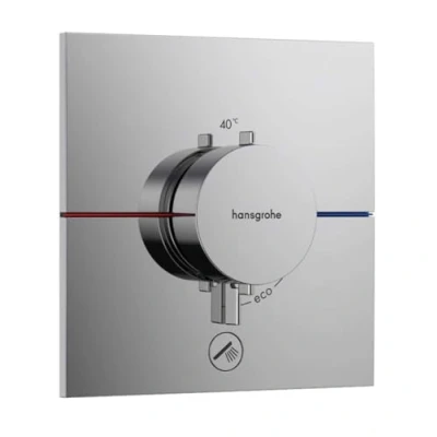 Image of hansgrohe ShowerSelect Comfort E thermostat conceiled, bathroom tap with safety stop at 40 C, square for showers and bath tubs, shower mixer 1 function, chrome, 15575000