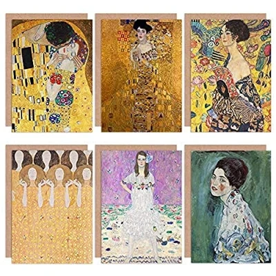 Image of Artery8 Gustav Klimt Portrait Lady Fan Kiss Adele Bloch Bauer Fine Art Greeting Card Pack of 6