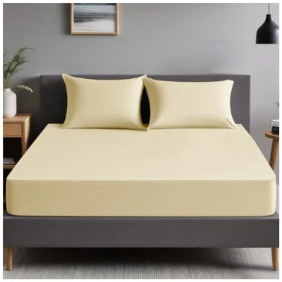 Image of Plain Dyed Bedding Fitted Bedsheets, Soft &amp; Comfy Double Bed Sheet, Breathable Non Iron Percale Sheets, Cream