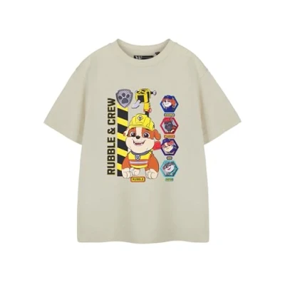 Image of Paw Patrol Boys Beige Short Sleeved T Shirt Rubble &amp; Crew Graphic Tee for Kids Character Print Children&#039;s Cartoon Apparel Official Merchandise Gift Fans