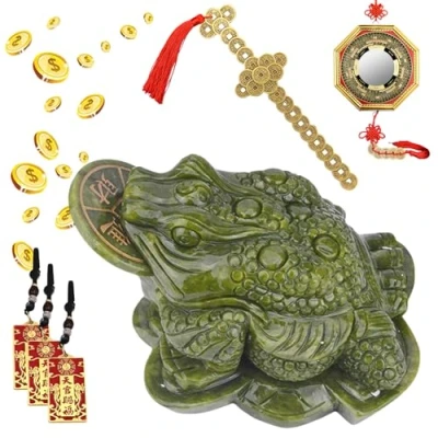 Image of Jade Frog With Coin In Mouth, Feng Shui Money Frog, Chinese Toad Statue, Attract Wealth Good Luck Decoration, Statues Decoration (S)