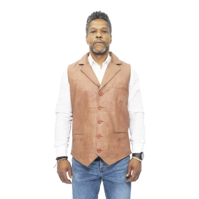 Image of Men&#039;s Classic Smart Conker Brown Leather Waistcoat 2XL