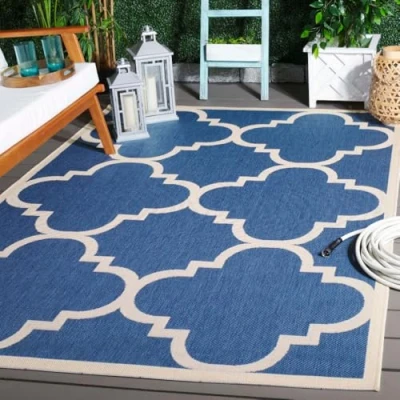 Image of SAFAVIEH Trellis Rug for Indoor &amp; Outdoor Courtyard Collection, Short Pile, in Blue and Beige color, 160 X 231 cm