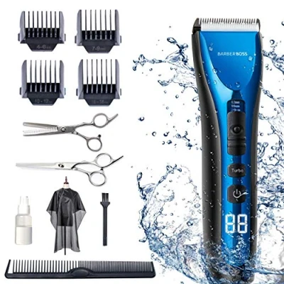 Image of Barberboss Professional Hair Trimmer, Beard Shaver for Men &amp; Boys, Waterproof, Cordless, Rechargeable LED Display, Three Speed Adjustment, QR 2081