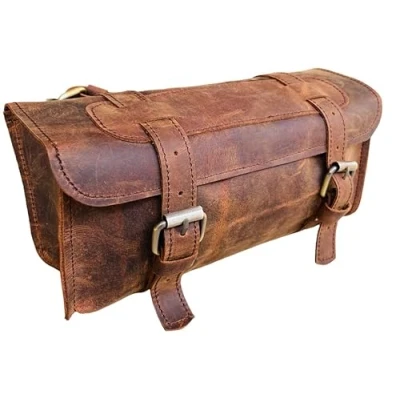 Image of american blue Buffalo Leather Handlebar Saddle Motorcycle Bag Bicycle Tool Travel Accessories Fork Carrier (Design No 1)