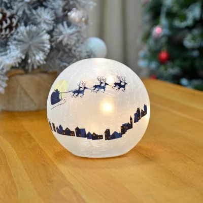 Image of Mr Crimbo 6&quot; Christmas Crackle Glass Ball Light Up Globe Decoration LED Ornament Santa Sleigh