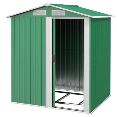 Image of Outsunny 5ft x 4ft Garden Shed, Metal Tool Storage Shed with Sliding Door, Sloped Roof and Foundation Kit for Garden, Patio, Lawn, Green