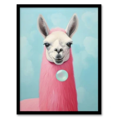 Image of Wee Blue Coo Llama Bubbles Oil Painting Pastel Colour Pink Quirky Animal Portrait Artwork Framed Wall Art Print 18X24 Inch