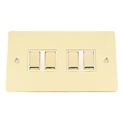 Image of A5 Light Switch 4 Gang Polished Mirror Brass Flat White Insert Metal Rocker 10 Amp 2 Way