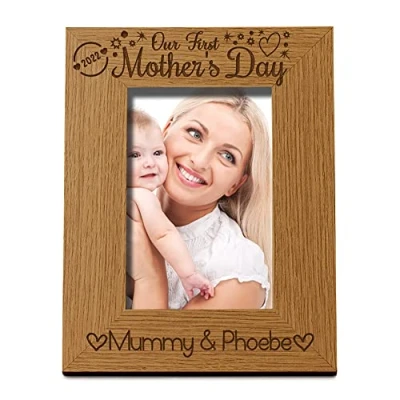 Image of ukgiftstoreonline Personalised Our first Mothers Day Photo Frame Oak wood finish Portrait (4 x 6 Inch)
