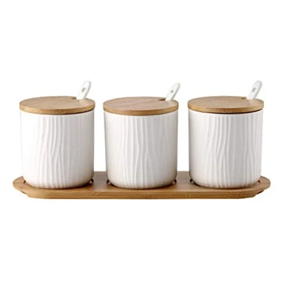 Image of OnePine Set of 3 Sugar Bowl, Ceramic Spice Jar Condiment Pots with Bamboo Lid and Spoon for Home Kitchen