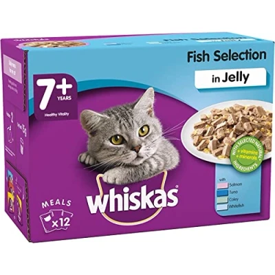 Image of Whiskas 7+ Wet Cat Food for Senior Cats Fish Selection in Jelly 48 x 100 g