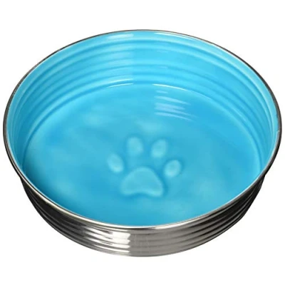 Image of Loving Pets Le Bol Glazed Interior Stainless Steel Dog Bowl Non Slip Dishwasher Safe Durable Pet Dish Seine Blue Large (1.4 Litre)