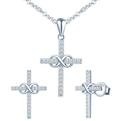 Image of Yumilok Christian Jewelry Set 925 Sterling Silver Infinity Cross Stud Earrings Necklace