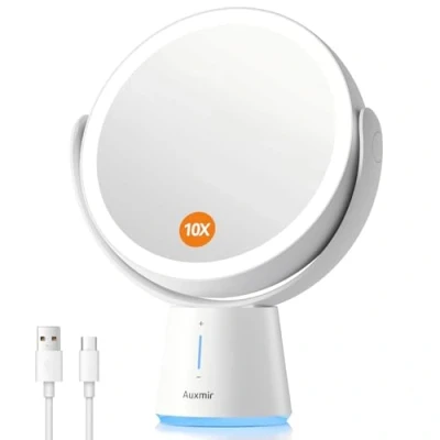 Image of Auxmir Makeup Mirror with Light, Illuminated 10X / 1X Double Sided Magnifying 5 Brightness, USB Rechargeable 360 Rotation，Vanity for Dressing Table, Bathroom, Bedroom, Desk
