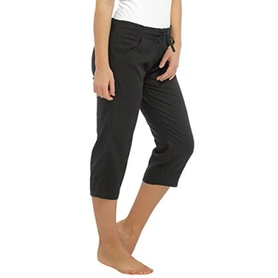 Image of Ladies Women 3/4 Length Linen Trousers With Elasticated Waist UK16 Black